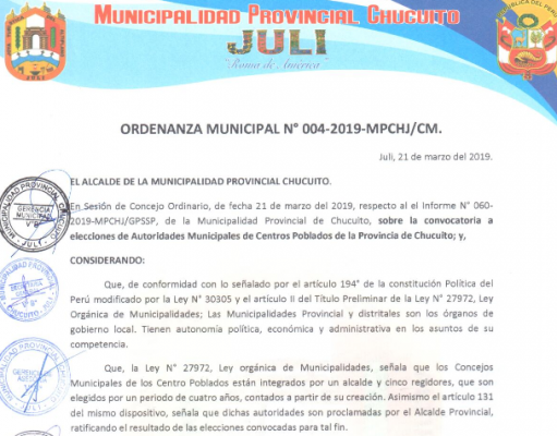 Ordenanza Municipal N° 004-2019-MPCHJ/CM.