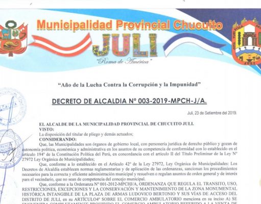Decreto de Alcaldia N°003-2019-MPCH-J/A