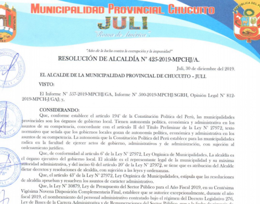 Resolucion de Alcaldia 425-2019-MPCHJ/A.