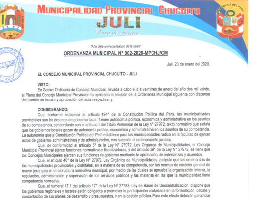 Ordenanza Municipal N° 002-2020-MPCHJ/CM