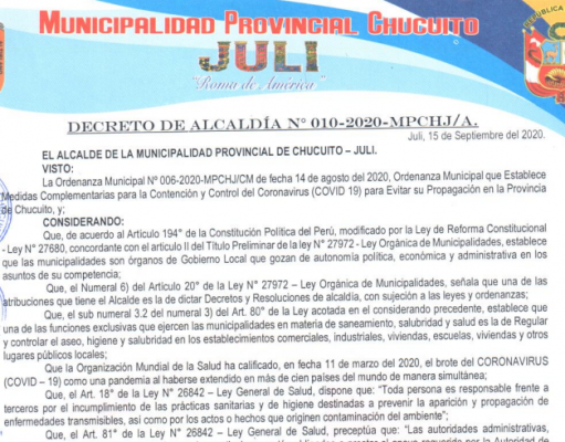 Decreto de Alcaldía 010-2020-MPCHJ/A.