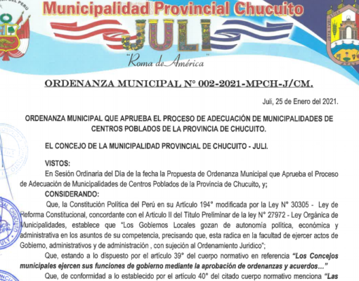 ORDENANZA MUNIPCIPAL N° 002-2021-MPCH-J/CM