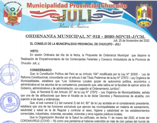 Ordenanza Municipal Nro 012-2020-MPCH