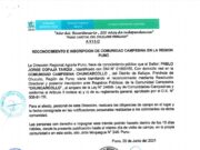 RONOCIMIENTO E INSCRIPCIÓN DE COMUNIDAD CAMPESINA «CHUNCARCOLLO» EN LA REGIÓN PUNO