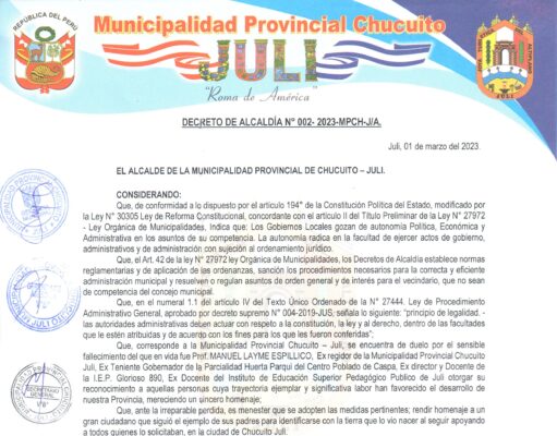DECRETO DE ALCALDIA N°002-2023-MPCH-J/A