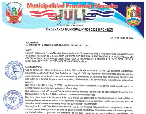 ORDENANZA MUNICIPAL N° 006-2023-MPCHJ/CM