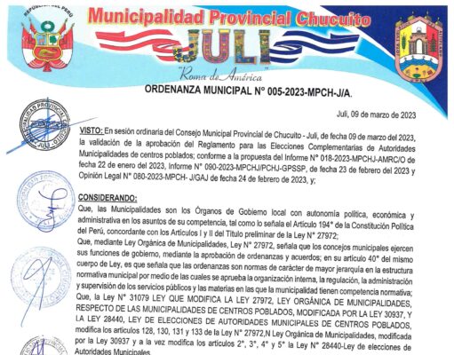 ORDENANZA MUNICIPAL N° 005-2023-MPCH-J/A.