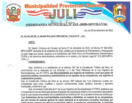 ORDENANZA MUNICIPAL N° 012-2022-MPCHJ/CM