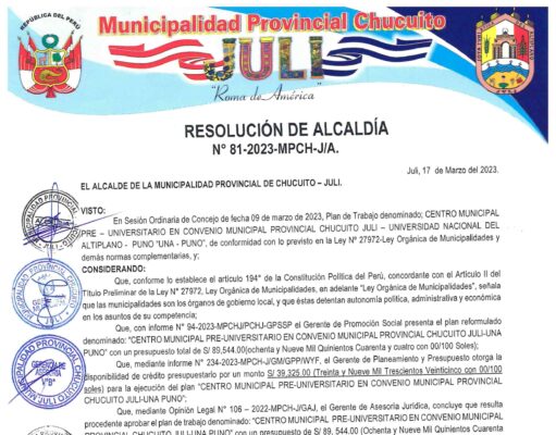 RESOLUCIÓN DE ALCALDÍA N° 81-2023-MPCH-J/A