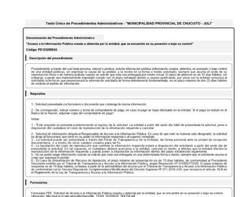 TEXTO ÚNICO DE PROCEDIMIENTOS ADMINISTRATIVOS – TUPA DE LA “MUNICIPALIDAD PROVINCIAL DE CHUCUITO – JULI”