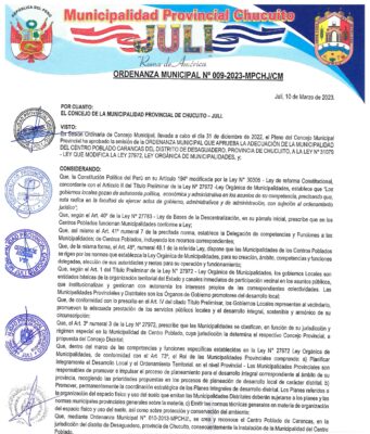 ORDENANZA MUNICIPAL N° 009-2023-MPCHJ/CM