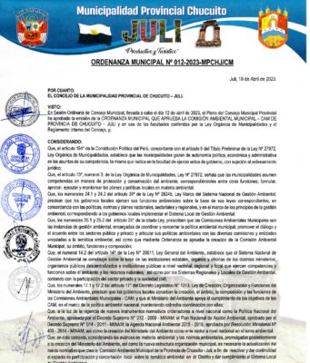 ORDENANZA MUNICIPAL Nº 012-2023-MPCHJ/GM