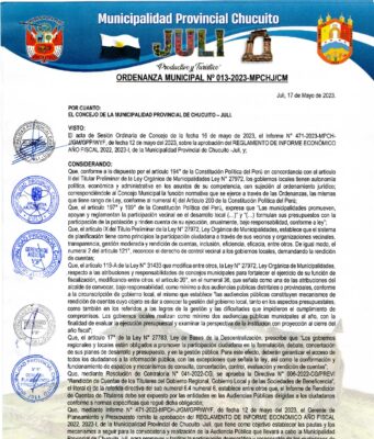 ORDENANZA MUNICIPAL N° 013 – 2023- MPCH-J/CM