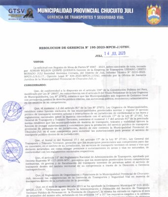 RESOLUCIÓN DE GERENCIA N°195-2023-MPCH-J/GTSV