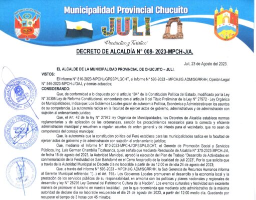 DECRETO DE ALCALDIA N°008-2023-MPCH-J/A