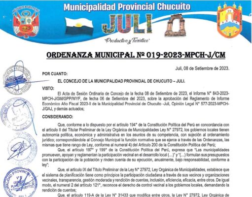 ORDENANZA MUNICIPAL N° 019-2023-MPCH-J/CM
