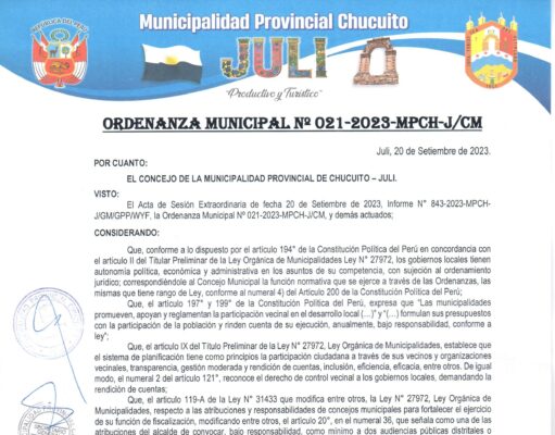 ORDENANZA MUNICIPAL N° 021-2023-MPCH-J/CM