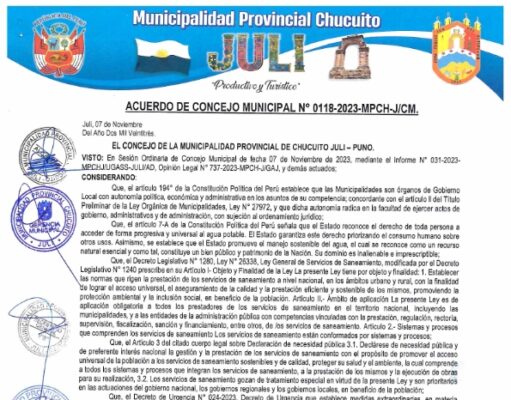 ACUERDO DE CONCEJO MUNICIPAL N°0118-2023-MPCH-J/CM.