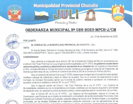 ORDENANZA MUNICIPAL N° 026-2023-MPCH-J/CM