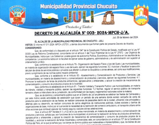 DECRETO DE ALCALDÍA N° 003- 2024-MPCH-J/A.