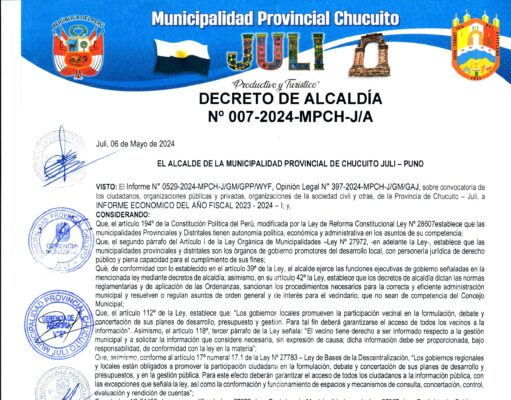 Decreto de Alcaldía N.° 007-2024-MPCH-J/A