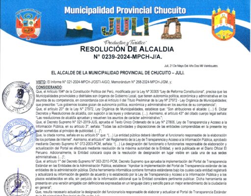 RESOLUCIÓN ALCALDIA N° 0239-2024-MPCH-J/A