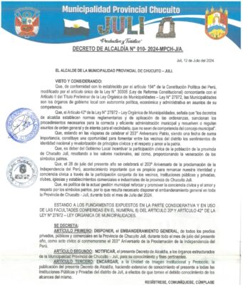 DECRETO DE ALCALDIA N° 010-MPCH-J/A