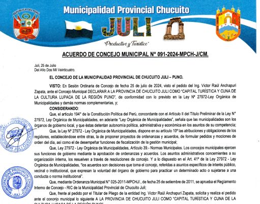 ACUERDO DE CONCEJO MUNICIPAL N° 091-MPCH-J/CM