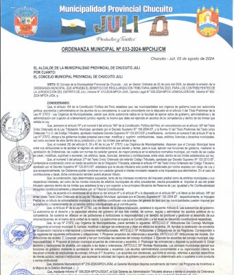 ORDENANZA MUNICIPAL N° 033-2024-MPCHJ/CM