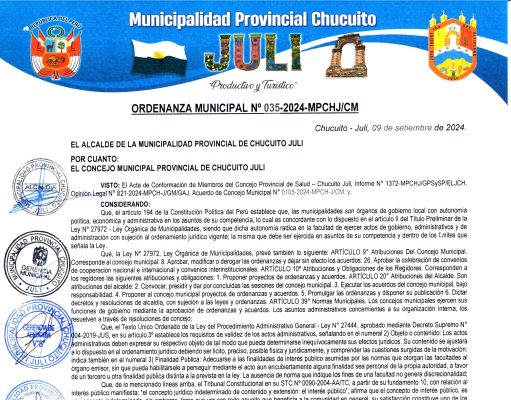 ORDENANZA MUNICIPAL N°035-2024-MPCHJ/CM