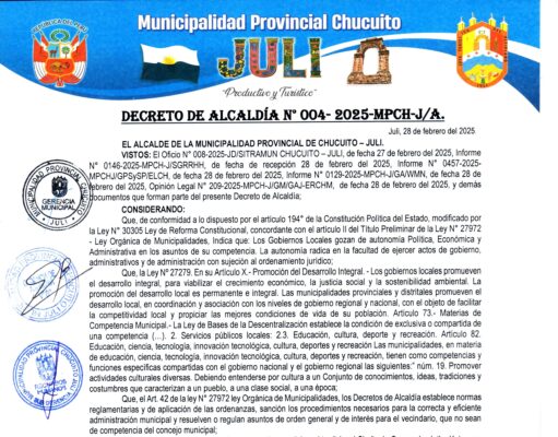 DECRETO DE ALCALDÍA N° 004-2025-MPCH-J/A