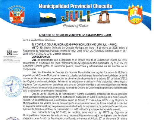 Acuerdo de Concejo Municipal N.° 054-2025-MPCH-J/CM