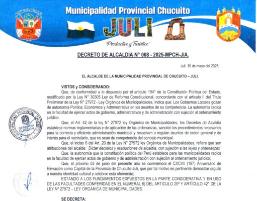 DECRETO DE ALCALDIA N°008-2025-MPCH-J/A