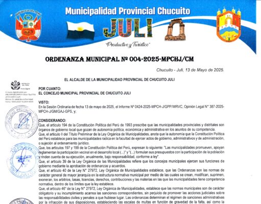 Ordenanza Municipal N.° 004-2025-MPCHJ/CM