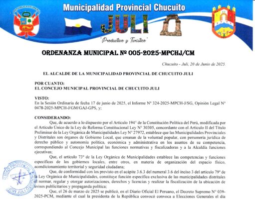 ORDENANZA MUNICIPAL N° 005-2025-MPCHJ/CM