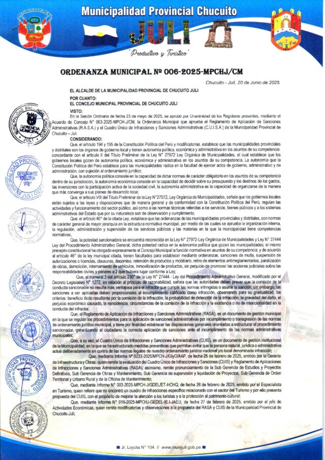 ORDENANZA MUNICIPAL N° 006-2025-MPCHJ