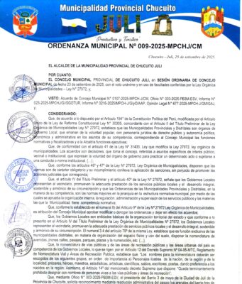 ORDENANZA MUNICIPAL Nº009-2025-MPCH-J/CM