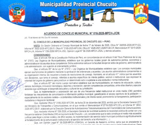 ACUERDO DE CONCEJO MUNICIPAL N° 016-2026-MPCH-J/CM