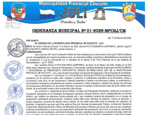 ORDENANZA MUNICIPAL N°01-2026-MPCHJ/CM