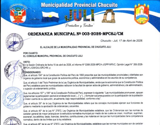 ORDENANZA MUNICIPAL Nº 003-2026-MPCHJ/CM