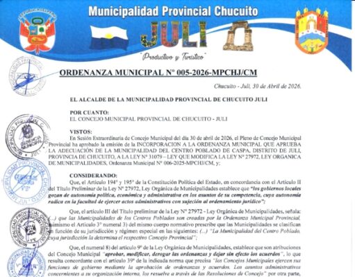 Ordenanza Municipal N.° 005-2026-MPCH-J/CM