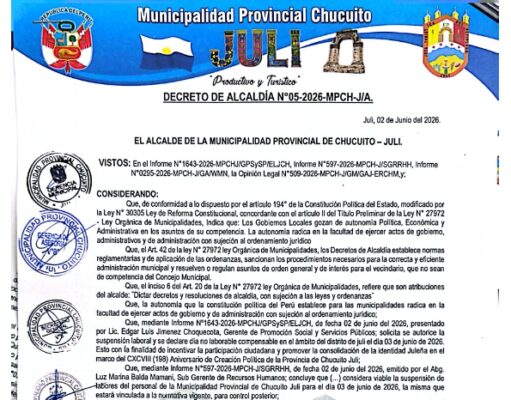 Decreto de Alcaldía N.° 05-2026-MPCH-J/A