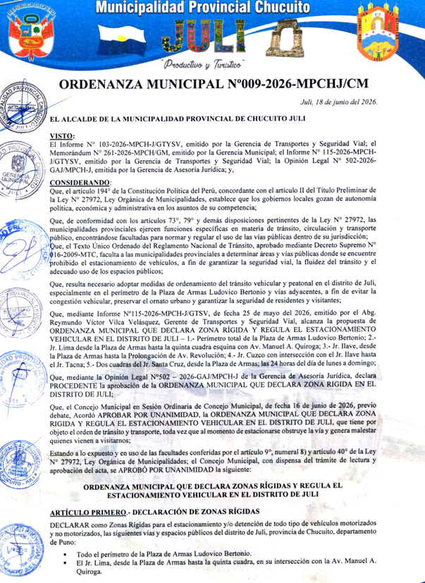 ORDENANZA MUNICIPAL N°009-2026-MPCHJ-CM
