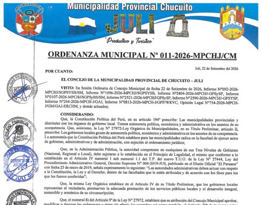 ORDENANZA MUNICIPAL N° 011-2026-MPCHJ/CM.