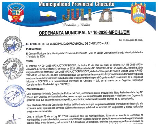 ORDENANZA MUNICIPAL N° 10-2026-MPCHJ/CM