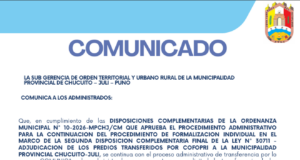 COMUNICADO SOBRE LA CONTINUACIÓN DEL PROCEDIMIENTO DE FORMALIZACIÓN INDIVIDUAL DE PREDIOS TRANSFERIDOS POR COFOPRI